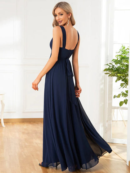 Wholesa Sleeveless Chiffon Tie Waist V-Neck A-Line Evening Dress