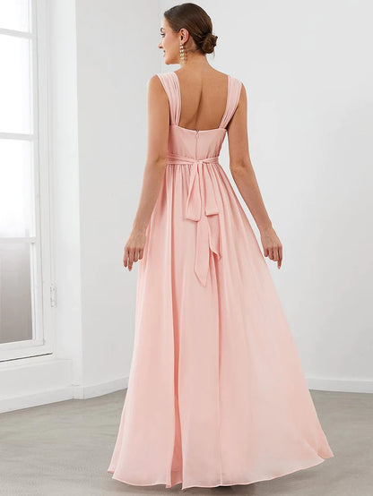 Wholesa Sleeveless Chiffon Tie Waist V-Neck A-Line Evening Dress