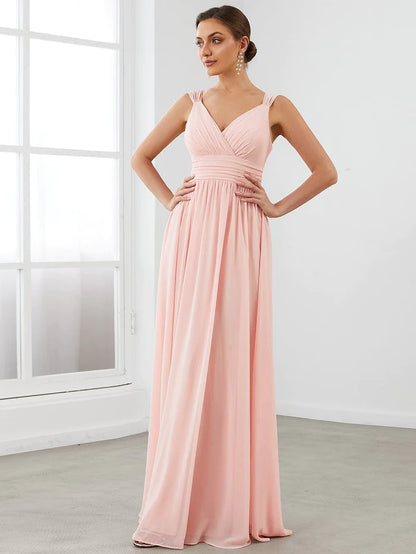 Wholesa Sleeveless Chiffon Tie Waist V-Neck A-Line Evening Dress