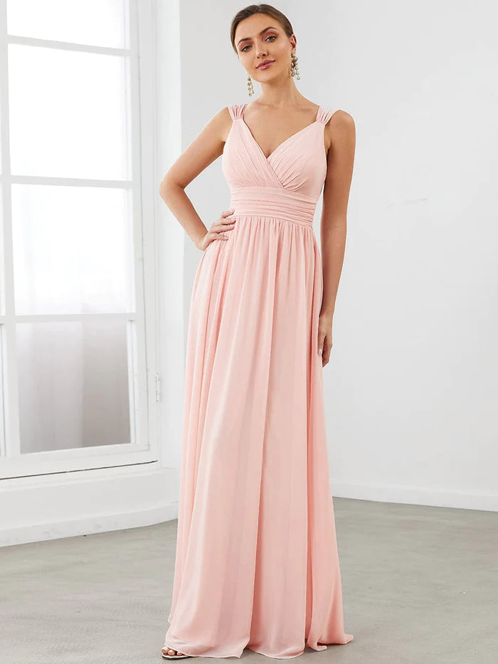 Wholesa Sleeveless Chiffon Tie Waist V-Neck A-Line Evening Dress