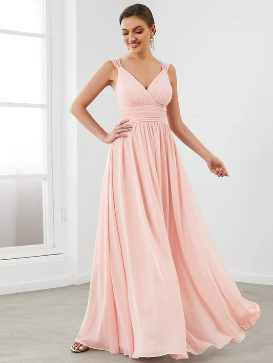 Wholesa Sleeveless Chiffon Tie Waist V-Neck A-Line Evening Dress