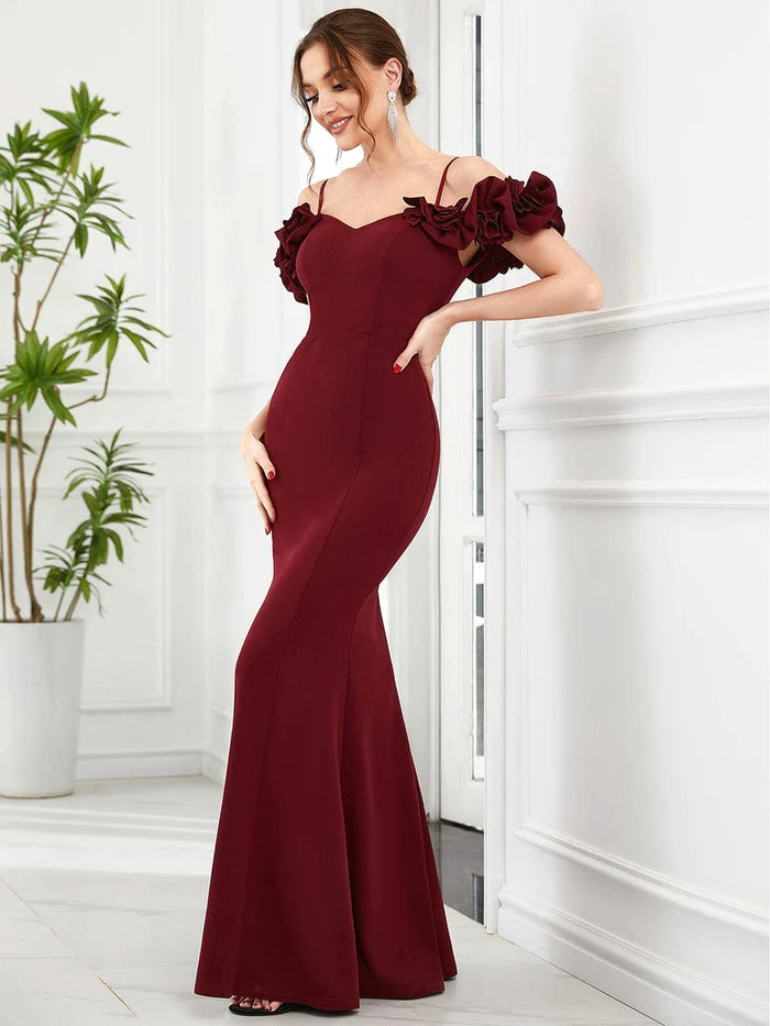 Wholesa Ruffled Cold Shoulder Spaghetti Strap Sweetheart Bodycon Evening Dress