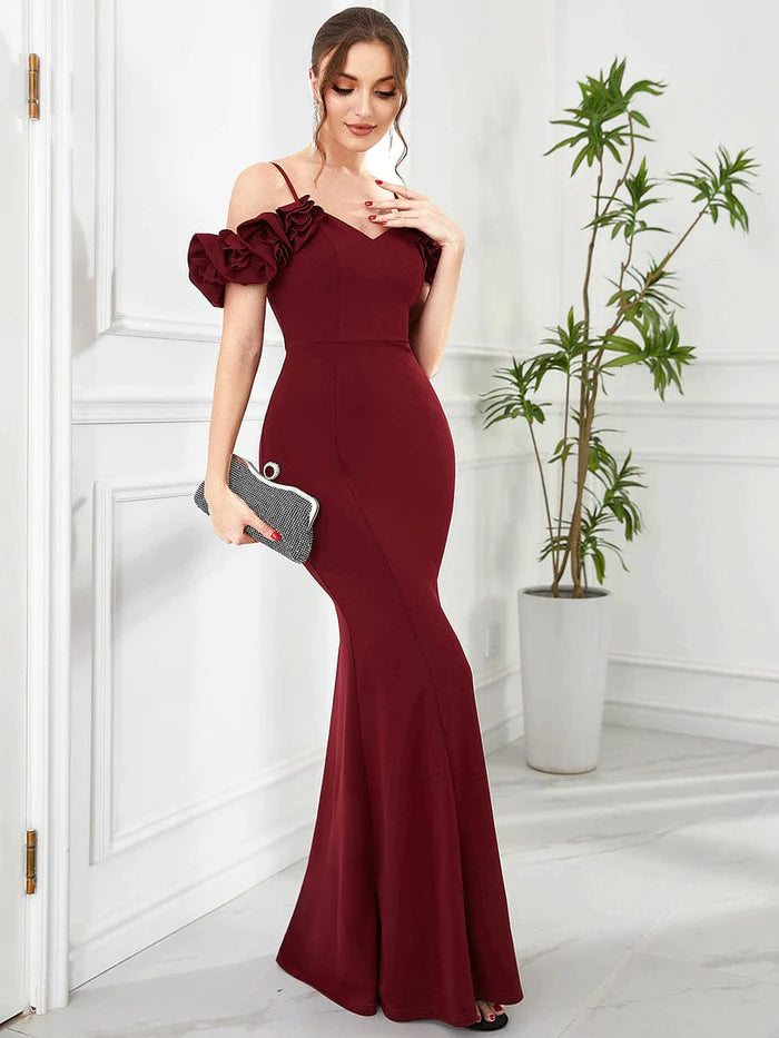 Wholesa Ruffled Cold Shoulder Spaghetti Strap Sweetheart Bodycon Evening Dress