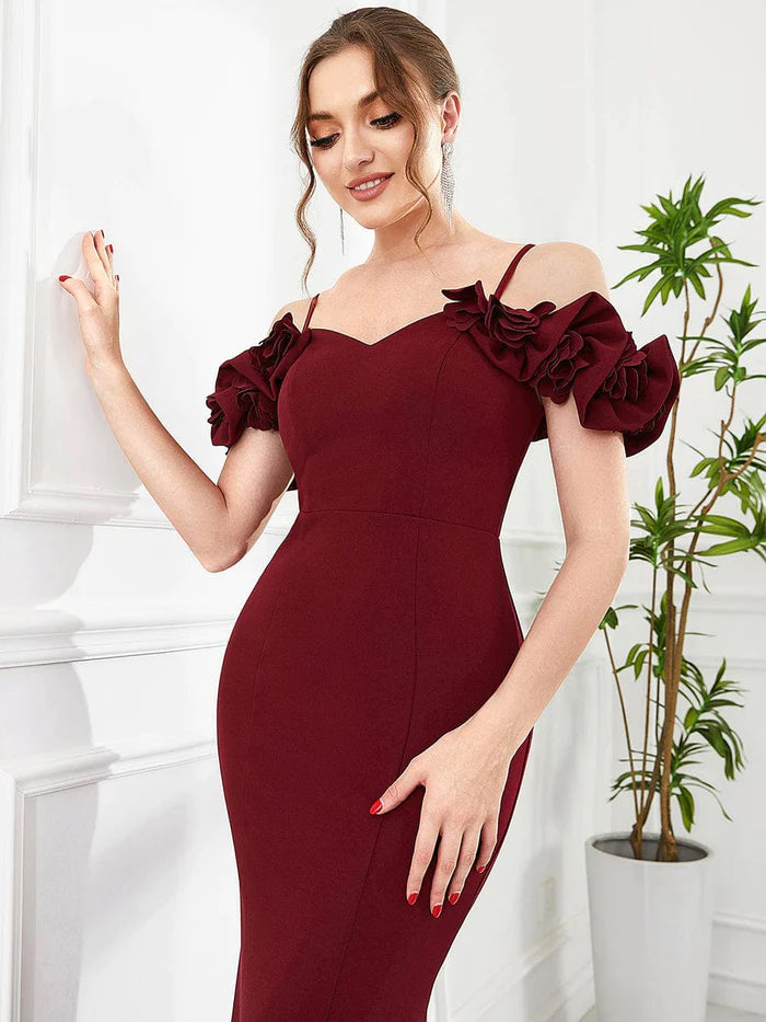 Wholesa Ruffled Cold Shoulder Spaghetti Strap Sweetheart Bodycon Evening Dress