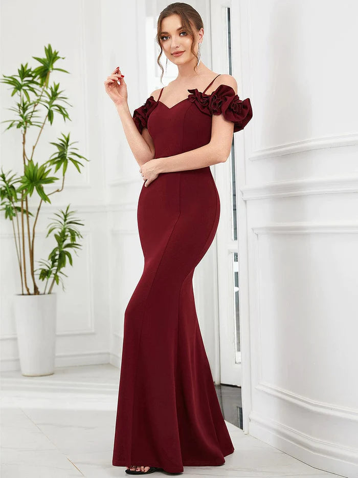 Wholesa Ruffled Cold Shoulder Spaghetti Strap Sweetheart Bodycon Evening Dress