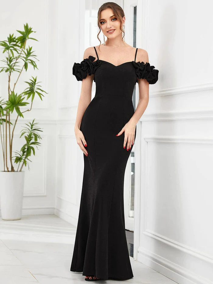 Wholesa Ruffled Cold Shoulder Spaghetti Strap Sweetheart Bodycon Evening Dress