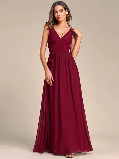 Wholesa Sleeveless V-Neck Empire Waist Floor-Length Evening Dress