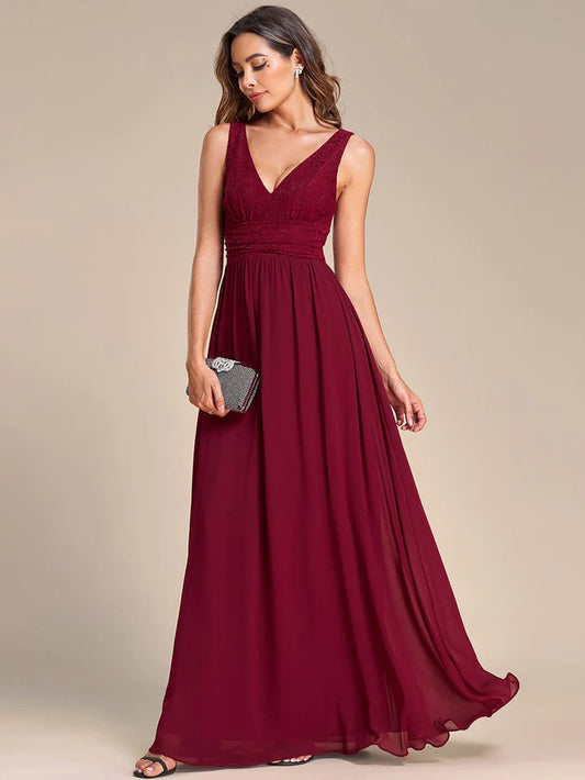 Wholesa Sleeveless V-Neck Empire Waist Floor-Length Evening Dress