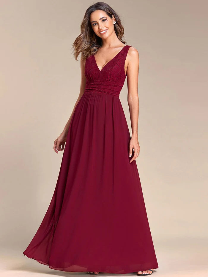 Wholesa Sleeveless V-Neck Empire Waist Floor-Length Evening Dress