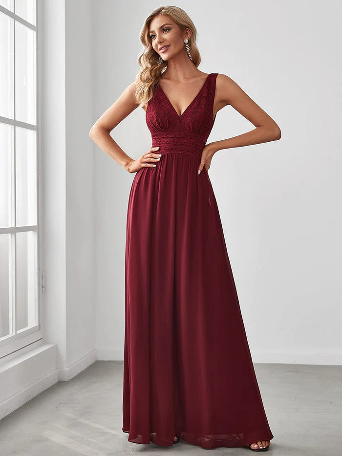 Wholesa Lace Empire Waist V-Back Sleeveless Chiffon Evening Dress