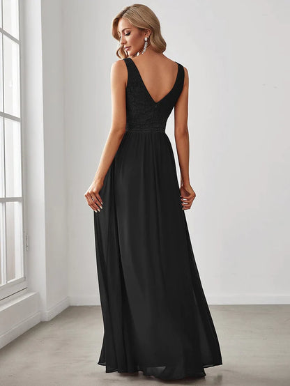 Wholesa Lace Empire Waist V-Back Sleeveless Chiffon Evening Dress