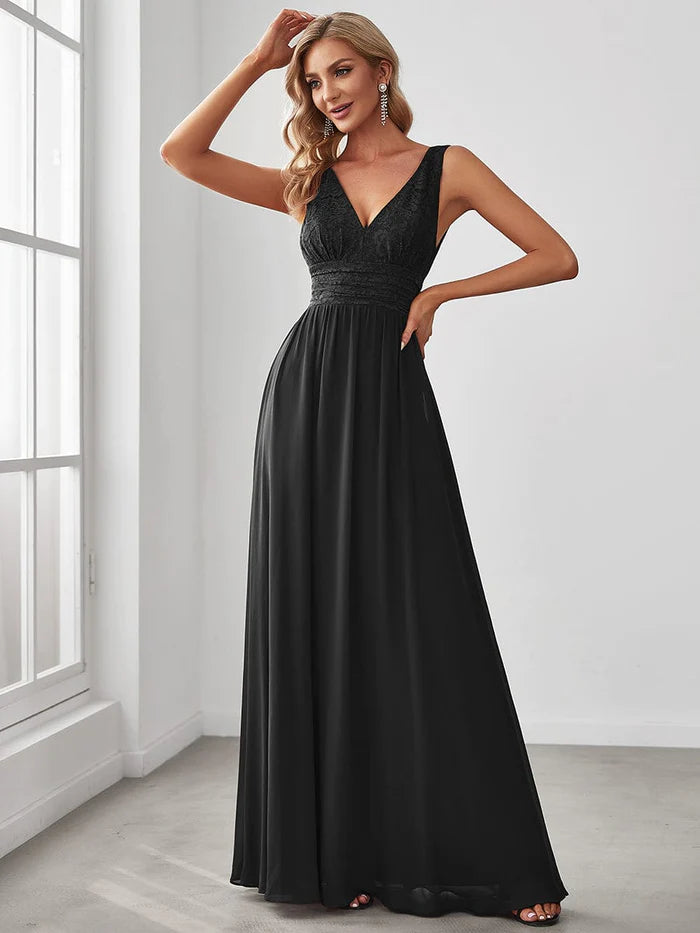 Wholesa Sleeveless V-Neck Empire Waist Floor-Length Evening Dress