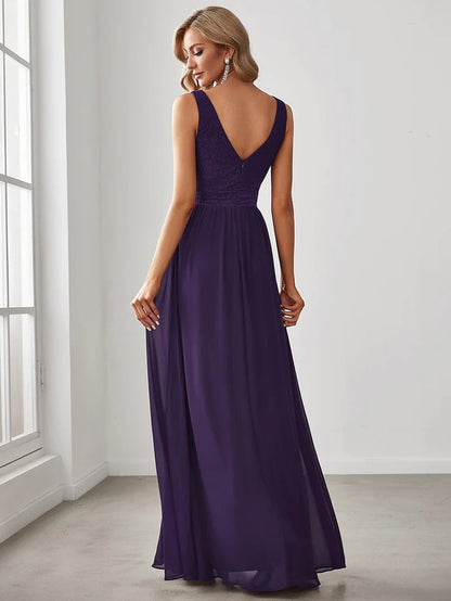 Wholesa Sleeveless V-Neck Empire Waist Floor-Length Evening Dress