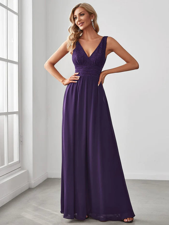 Wholesa Sleeveless V-Neck Empire Waist Floor-Length Evening Dress