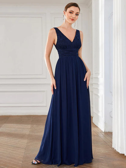 Wholesa Sleeveless V-Neck Empire Waist Floor-Length Evening Dress