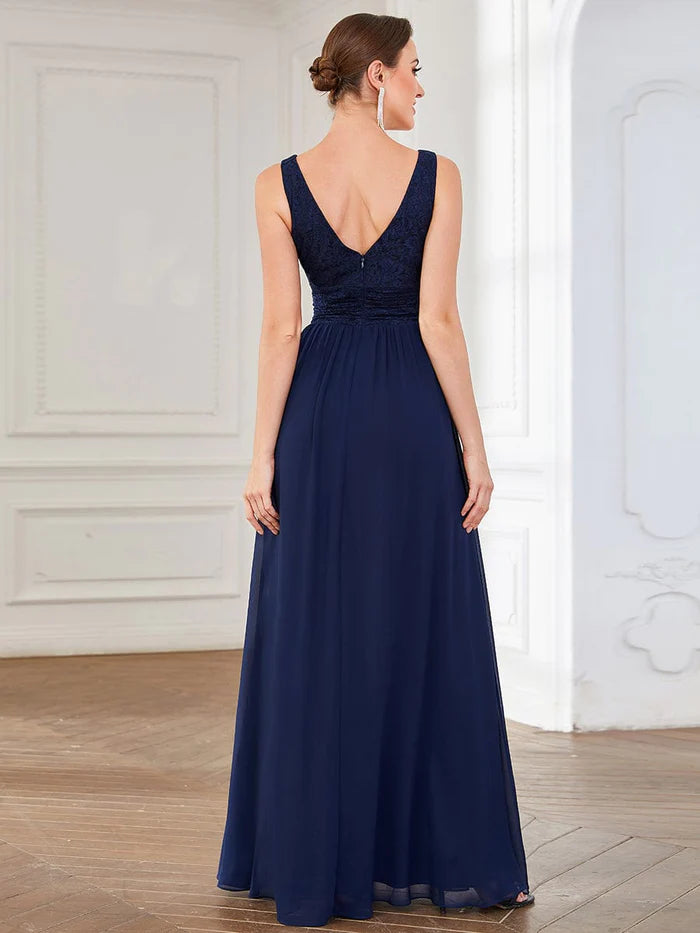 Wholesa Sleeveless V-Neck Empire Waist Floor-Length Evening Dress