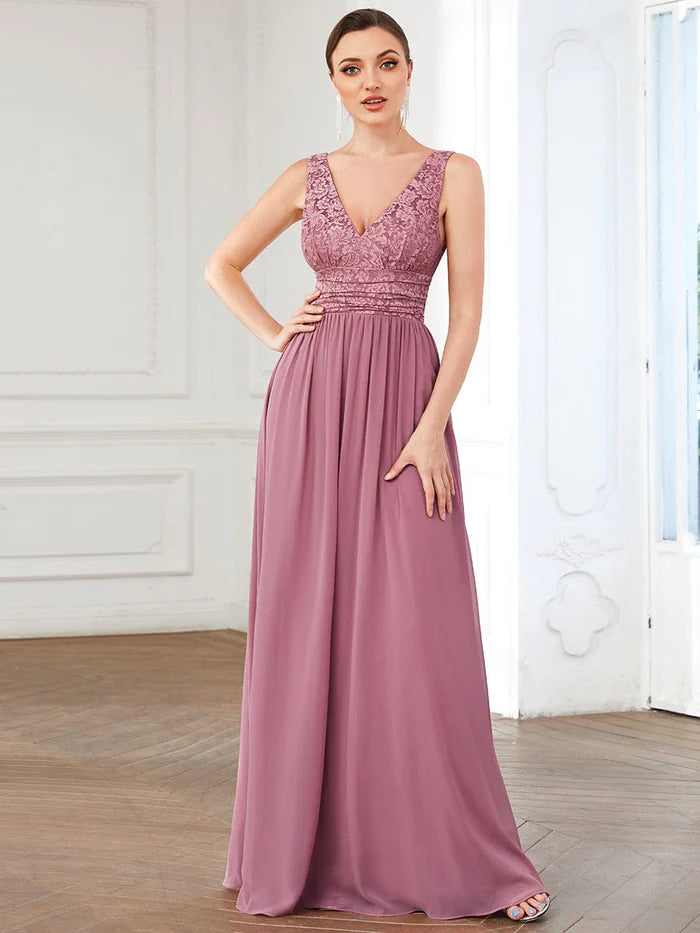 Wholesa Sleeveless V-Neck Empire Waist Floor-Length Evening Dress