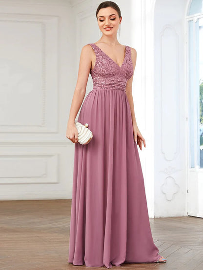 Wholesa Lace Empire Waist V-Back Sleeveless Chiffon Evening Dress