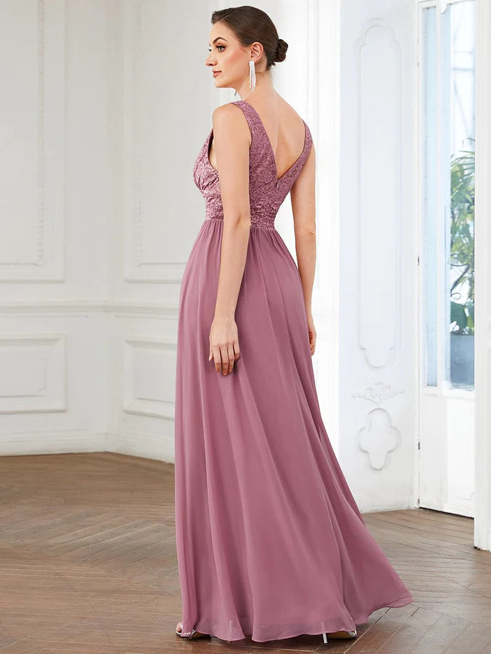 Wholesa Sleeveless V-Neck Empire Waist Floor-Length Evening Dress