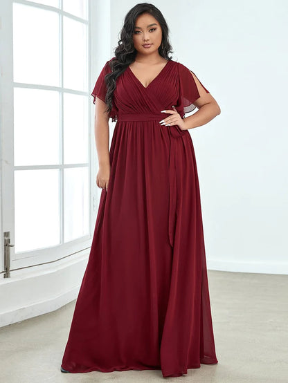 Wholesa A-Line Pleated Chiffon Tie-Waist Evening Dress