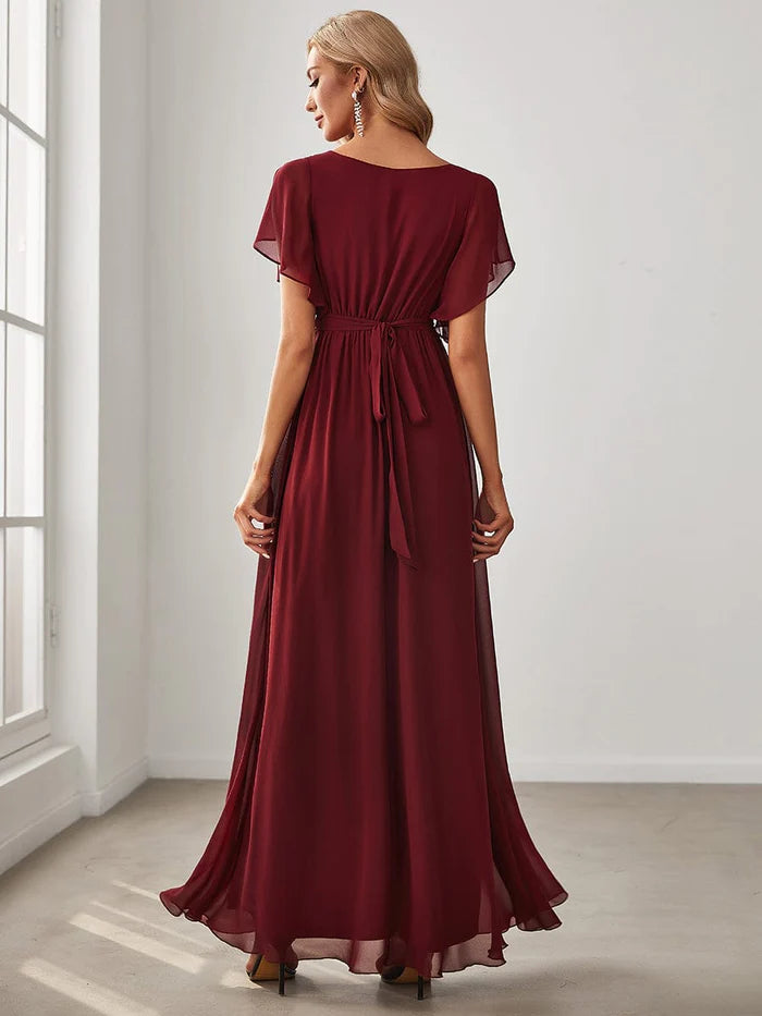 Wholesa A-Line Pleated Chiffon Tie-Waist Evening Dress