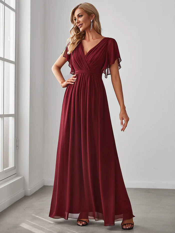 Wholesa Custom Size V-Neck Flutter Sleeve Floor-Length A-Line Chiffon Evening Dress