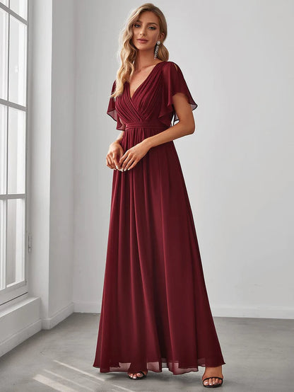 Wholesa A-Line Pleated Chiffon Tie-Waist Evening Dress