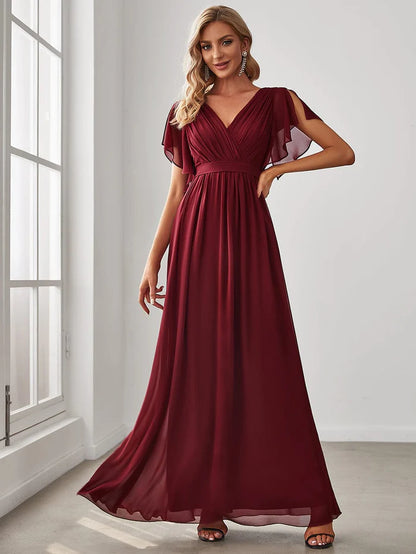 Wholesa A-Line Pleated Chiffon Tie-Waist Evening Dress