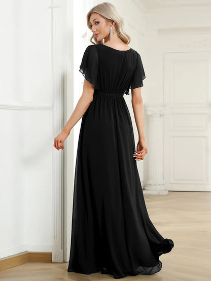 Wholesa Custom Size V-Neck Flutter Sleeve Floor-Length A-Line Chiffon Evening Dress