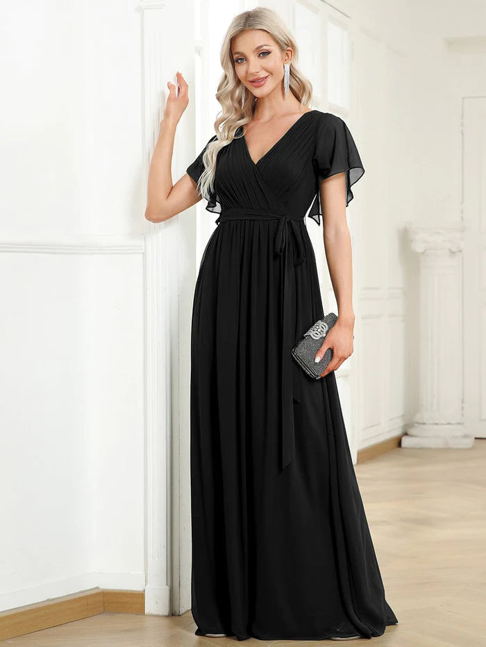 Wholesa A-Line Pleated Chiffon Tie-Waist Evening Dress