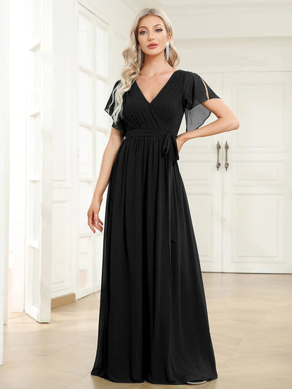 Wholesa Custom Size V-Neck Flutter Sleeve Floor-Length A-Line Chiffon Evening Dress