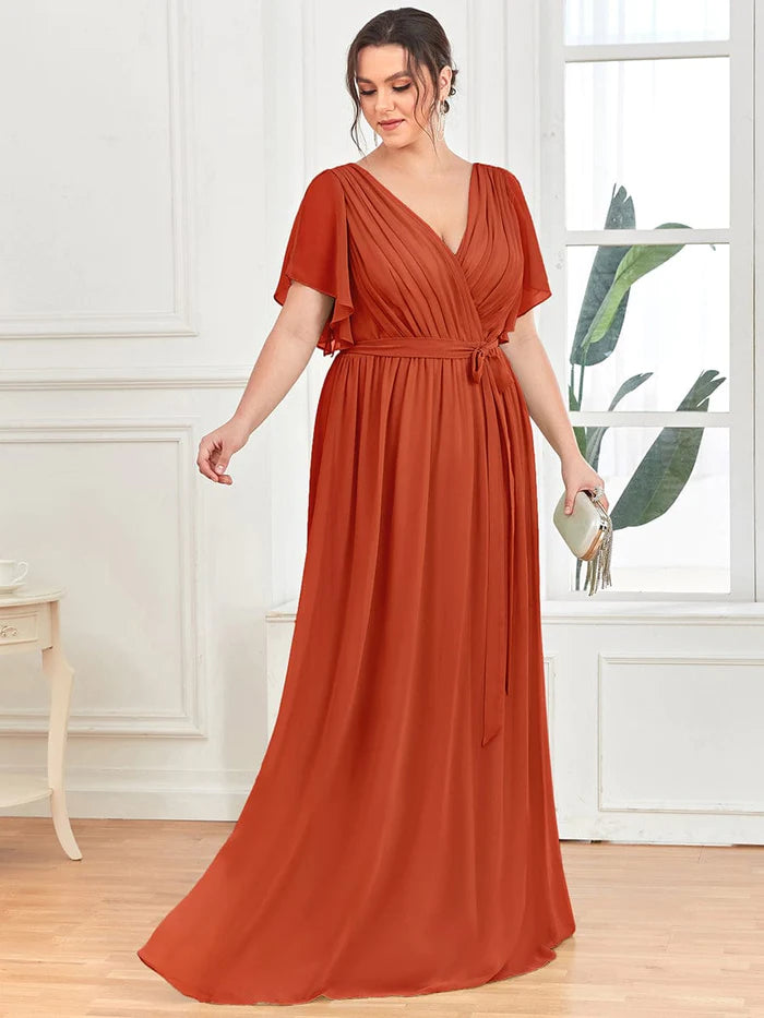 Wholesa V-Neck Flutter Sleeve Floor-Length A-Line Chiffon Bridesmaid Dress