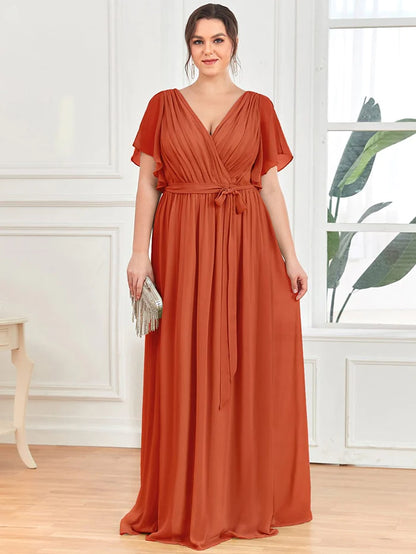 Wholesa V-Neck Flutter Sleeve Floor-Length A-Line Chiffon Bridesmaid Dress