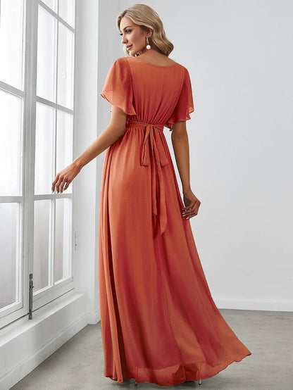 Wholesa Custom Size V-Neck Flutter Sleeve Floor-Length A-Line Chiffon Evening Dress