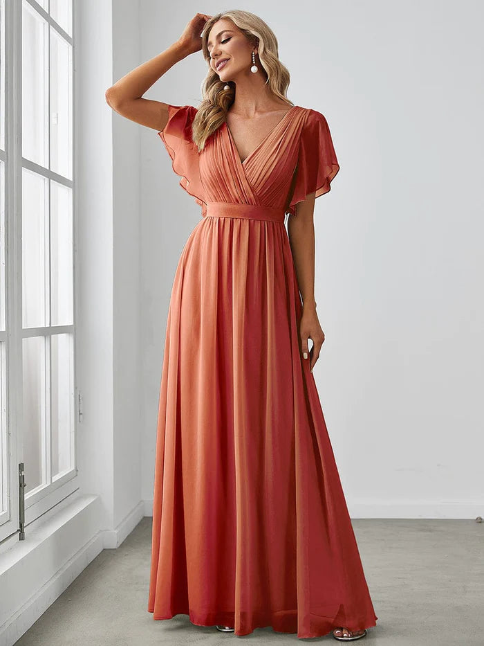 Wholesa V-Neck Flutter Sleeve Floor-Length A-Line Chiffon Bridesmaid Dress