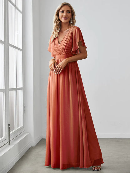 Wholesa V-Neck Flutter Sleeve Floor-Length A-Line Chiffon Bridesmaid Dress