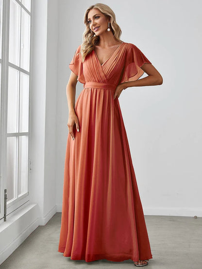 Wholesa Custom Size V-Neck Flutter Sleeve Floor-Length A-Line Chiffon Evening Dress