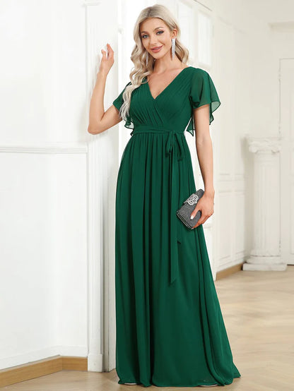 Wholesa A-Line Pleated Chiffon Tie-Waist Evening Dress