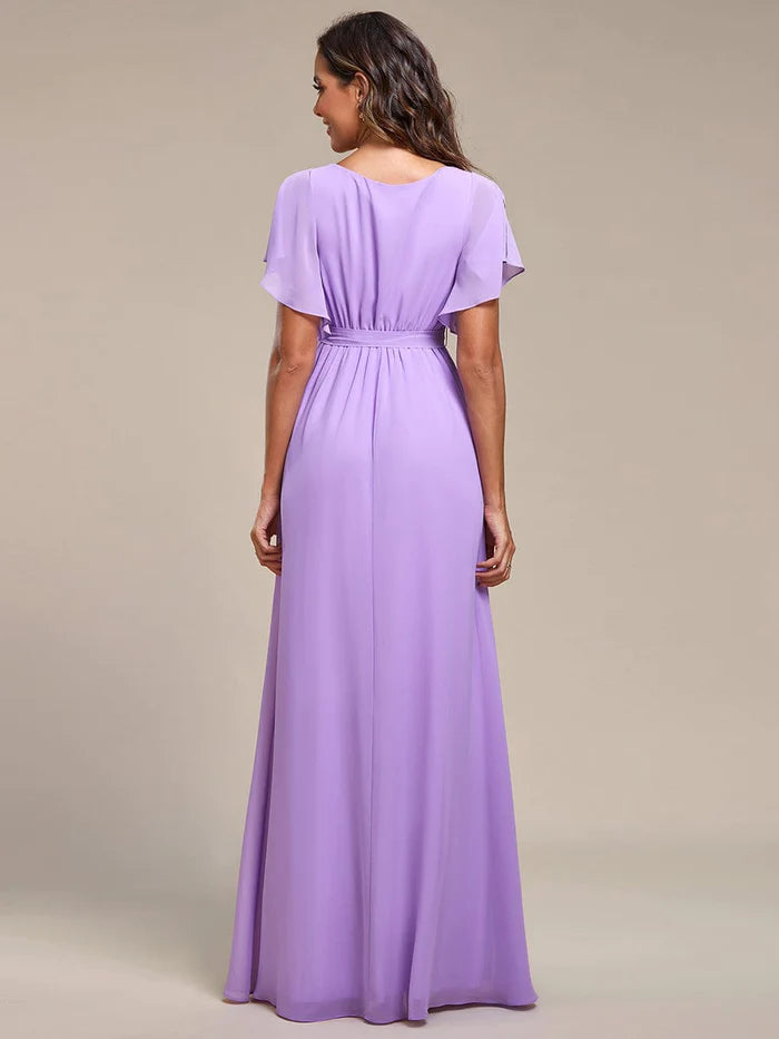 Wholesa V-Neck Flutter Sleeve Floor-Length A-Line Chiffon Bridesmaid Dress