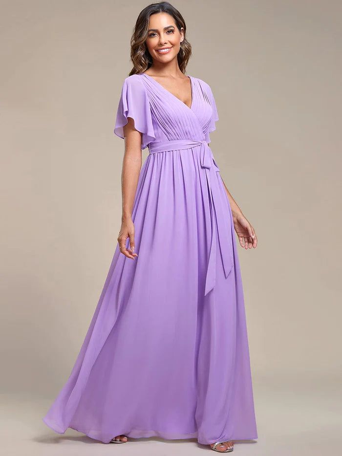 Wholesa V-Neck Flutter Sleeve Floor-Length A-Line Chiffon Bridesmaid Dress