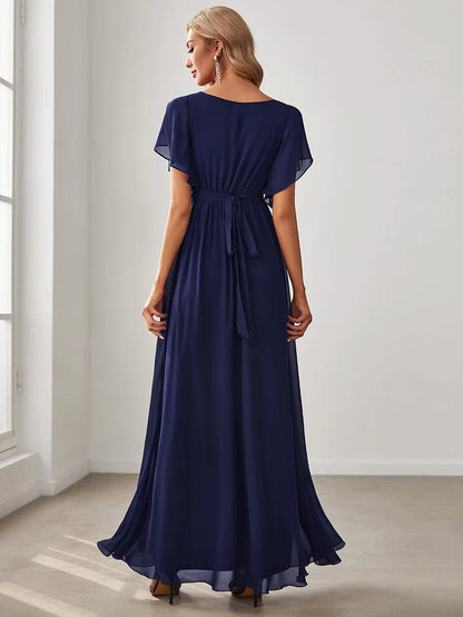 Wholesa Custom Size V-Neck Flutter Sleeve Floor-Length A-Line Chiffon Evening Dress