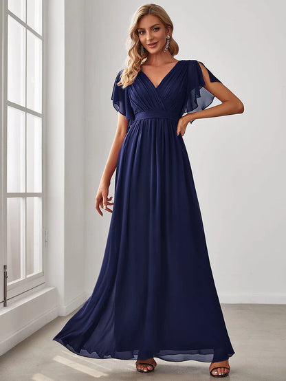 Wholesa Custom Size V-Neck Flutter Sleeve Floor-Length A-Line Chiffon Evening Dress