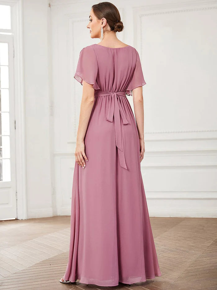 Wholesa Custom Size V-Neck Flutter Sleeve Floor-Length A-Line Chiffon Evening Dress