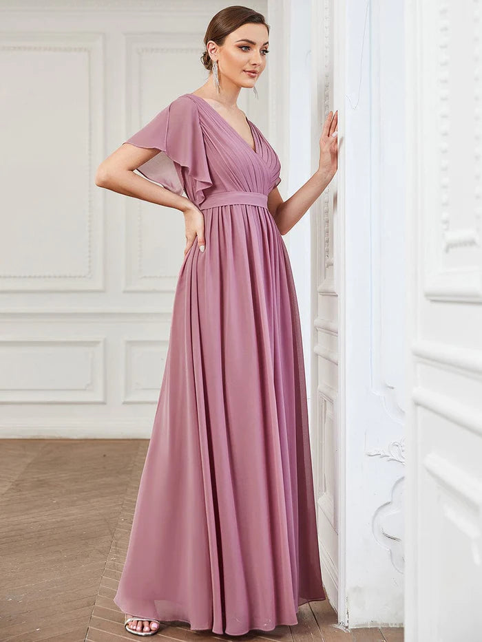 Wholesa Custom Size V-Neck Flutter Sleeve Floor-Length A-Line Chiffon Evening Dress