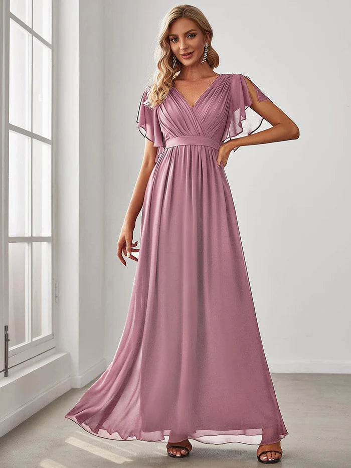 Wholesa Custom Size V-Neck Flutter Sleeve Floor-Length A-Line Chiffon Evening Dress