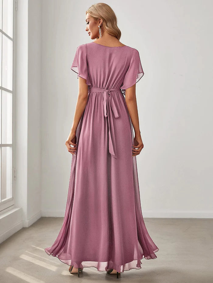 Wholesa Custom Size V-Neck Flutter Sleeve Floor-Length A-Line Chiffon Evening Dress