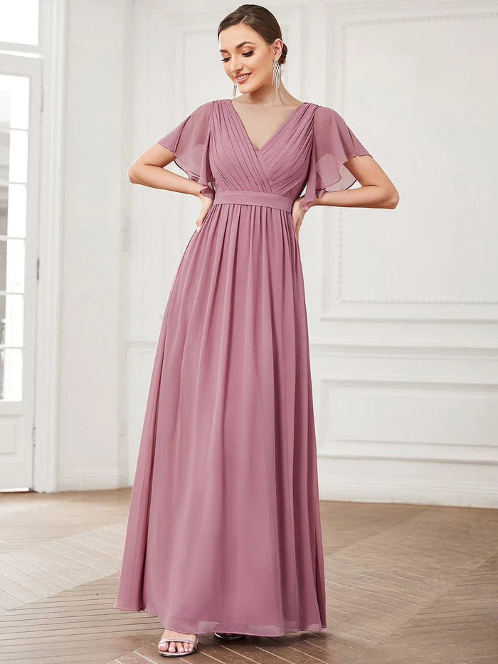 Wholesa Custom Size V-Neck Flutter Sleeve Floor-Length A-Line Chiffon Evening Dress