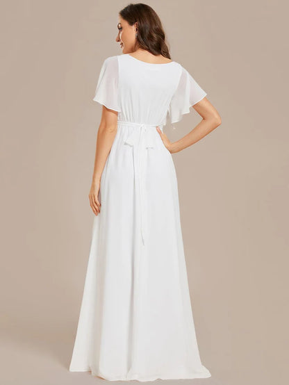 Wholesa V-Neck Flutter Sleeve Floor-Length A-Line Chiffon Bridesmaid Dress