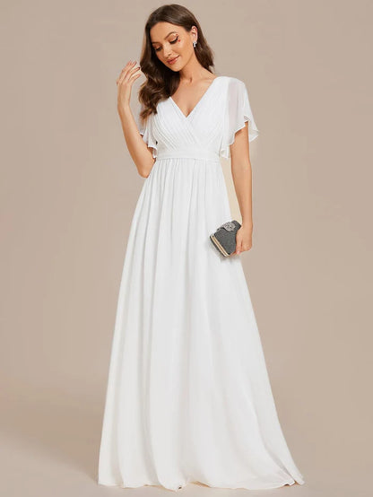 Wholesa V-Neck Flutter Sleeve Floor-Length A-Line Chiffon Bridesmaid Dress