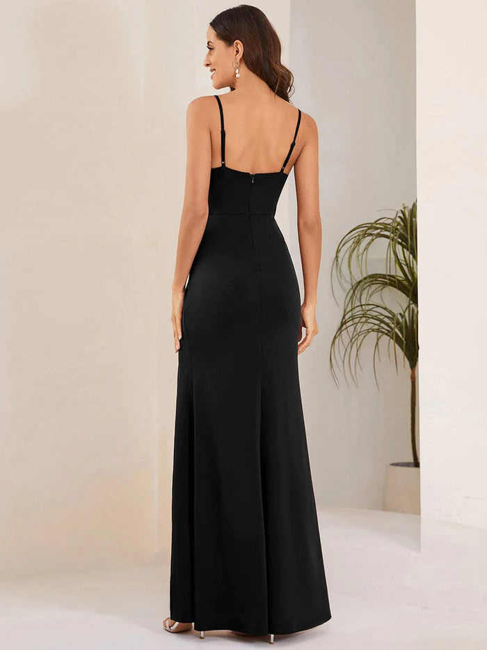 Wholesa Sparkling Spaghetti Strap Evening Dress with Thigh-High Slit